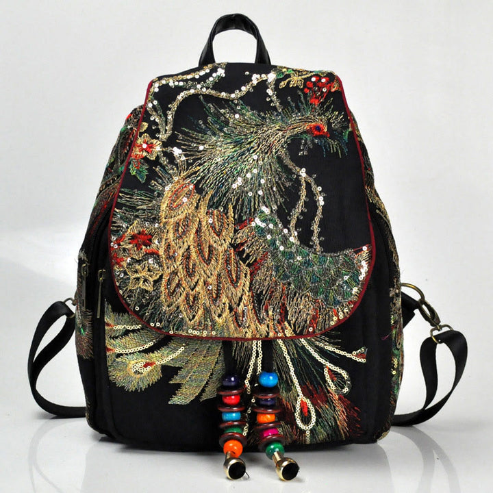 Peacock Embroidery Canvas Tassel Backpack