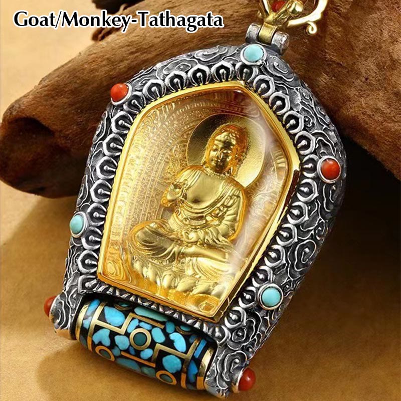 Tibet Chinese Zodiac Natal Buddha Thangka Prosperity Rotatable Dzi Bead Necklace Pendant