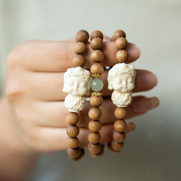 Buddha Stones Sandalwood Hetian Jade Ivory Fruit Green Tara Protection Bracelet