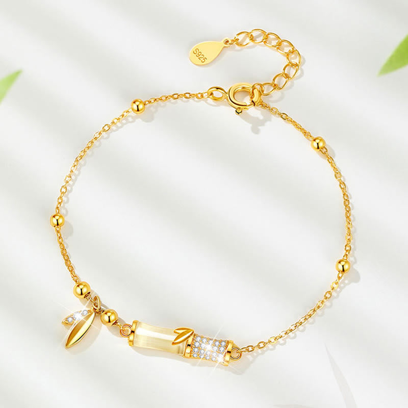 Buddha Stones 925 Sterling Silver 18K Gold Plated White Jade Bamboo Zircon Leaf Luck Bracelet