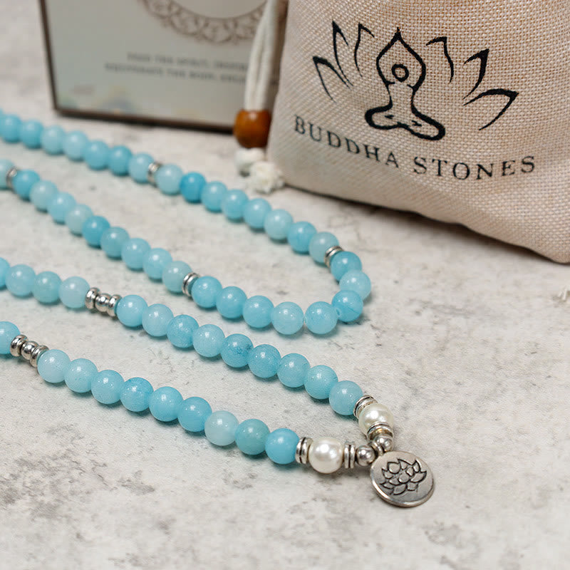 Buddha Stones Natural Amazonite Stone Healing Lotus Mala Bracelet