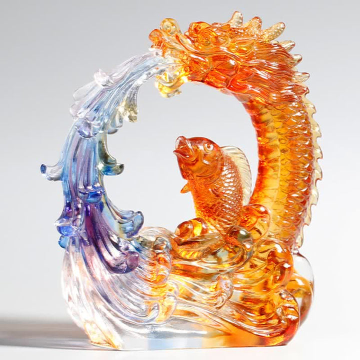 Feng Shui Dragon Koi Fish Handmade Liuli Crystal Art Piece Home Office Decoration