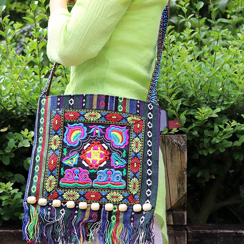 Tibetan Handmade Embroidered Camellia Canvas Shoulder Bag Crossbody Bag