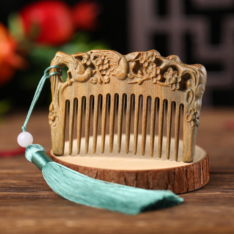 Green Sandalwood Fox Peony Flower Lotus Engraved Cure Tassel Comb