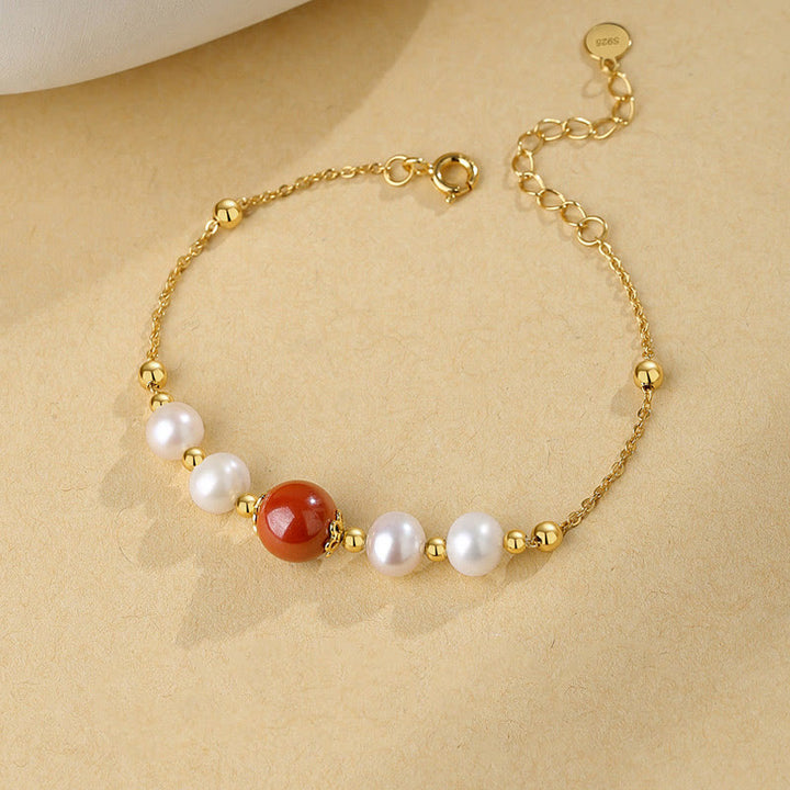 Buddha Stones 925 Sterling Silver Pearl Cinnabar Healing Bead Chain Bracelet