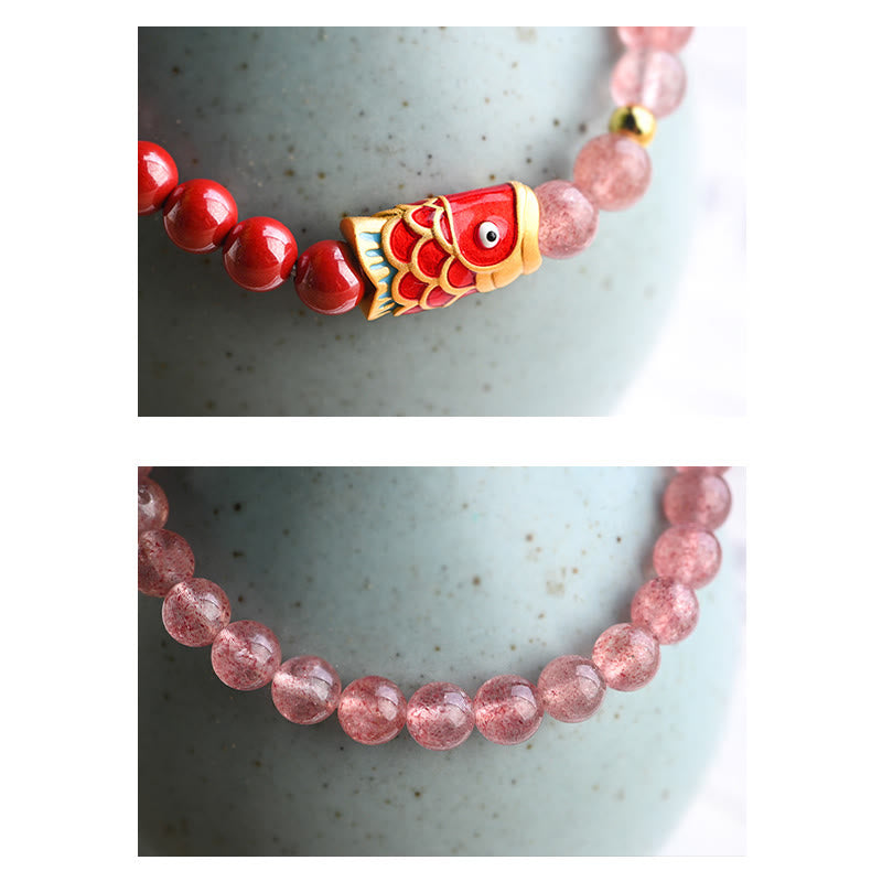 Buddha Stones Natural Strawberry Quartz Cinnabar Lucky Koi Fish Healing Bracelet