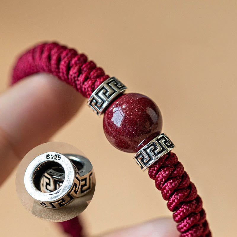 Buddha Stones 925 Sterling Silver Natural Cinnabar Bead Calm Handmade Braided String Bracelet