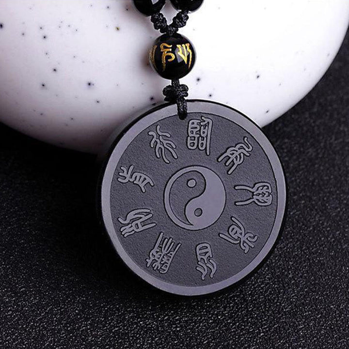 Buddha Stones Natural Black Obsidian Taoism Five Sacred Mountains Nine-Character Mantra Carved Strength Yin Yang Necklace Pendant Key Chain