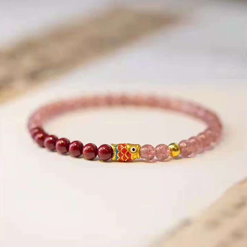 Buddha Stones Natural Strawberry Quartz Cinnabar Lucky Koi Fish Healing Bracelet