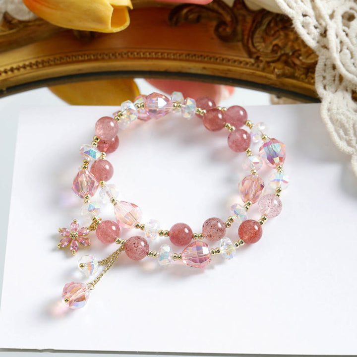 Buddha Stones Strawberry Quartz Zircon Flower Healing Double Wrap Bracelet