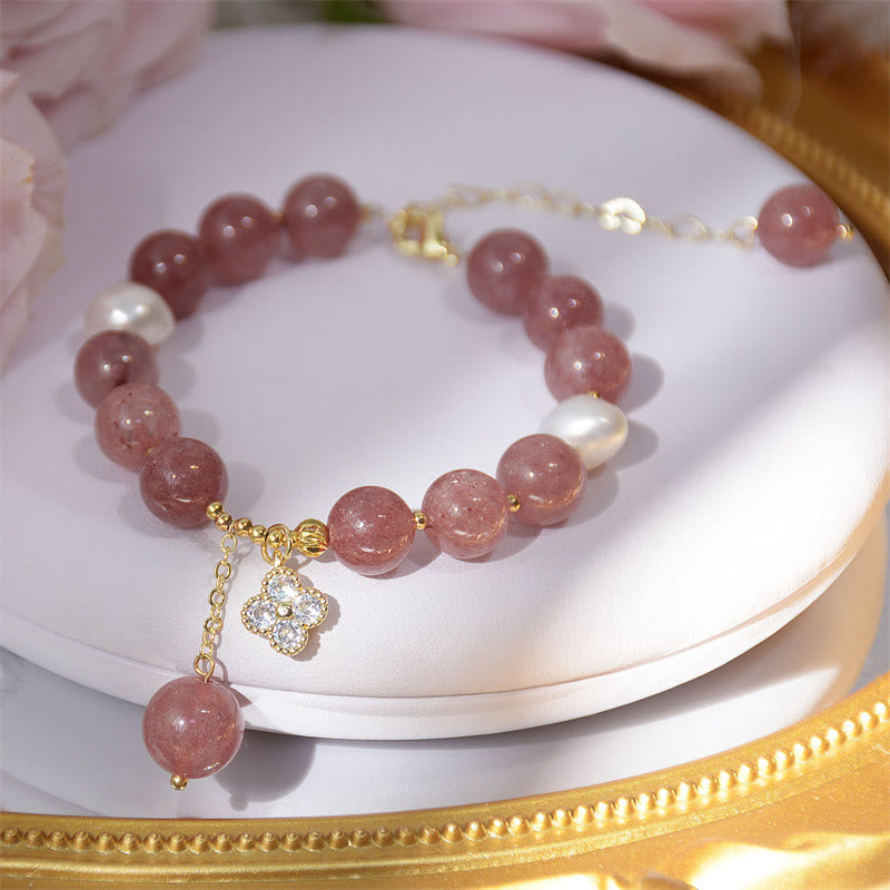 Buddha Stones Natural Strawberry Quartz Pearl Four Leaf Clover Love Bracelet