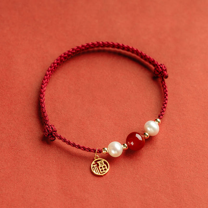 Buddha Stones 925 Sterling Silver Good Fortune Fu Character Agate Pearl Red String Braid Bracelet