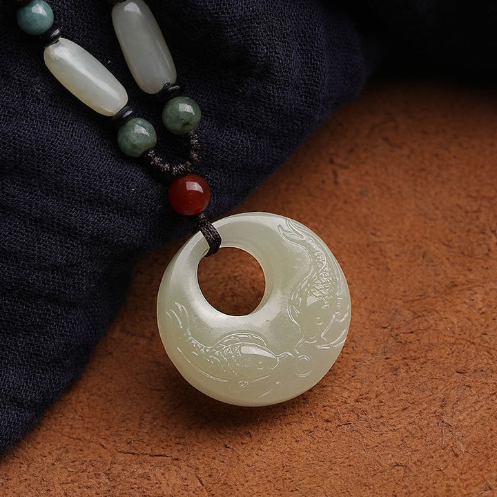 Buddha Stones White Jade Double Koi Fish Carved Prosperity Success Necklace Pendant