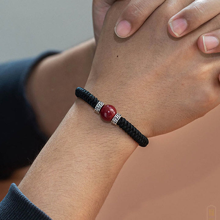 Buddha Stones 925 Sterling Silver Natural Cinnabar Bead Calm Handmade Braided String Bracelet