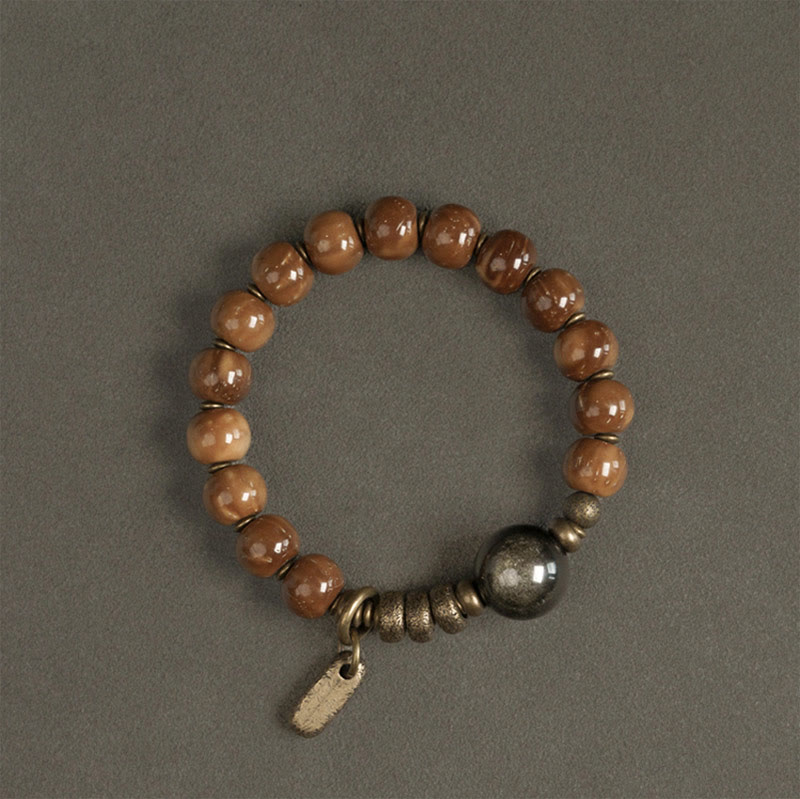 Buddha Stones Kuka Seed Tiger Eye Gold Sheen Obsidian Copper Wealth Luck Bracelet