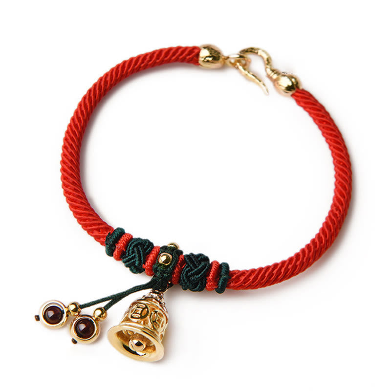 Buddha Stones 14K Gold Plated Copper Coin Bell Garnet Handcrafted Red Rope Bracelet