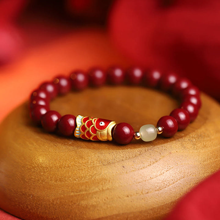 Buddha Stones Natural Cinnabar Lucky Koi Fish Hetian Jade Bead Blessing Bracelet