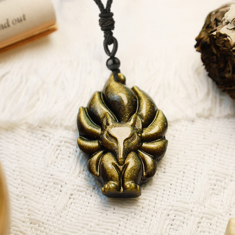 Buddha Stones Natural Fluorite Gold Sheen Obsidian Fox Pendant Protection Necklace