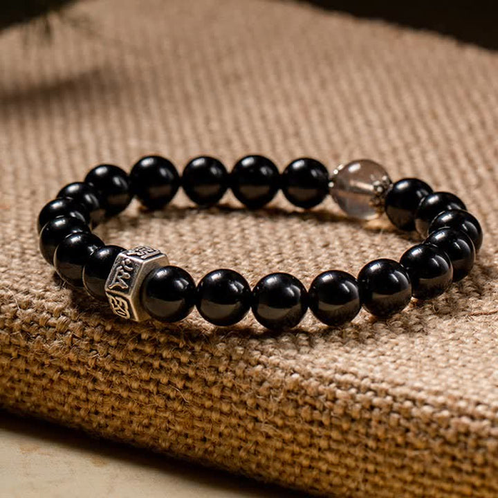 Chinese Zodiac Natal Buddha 925 Sterling Silver Black Obsidian Moonstone Strength Bracelet