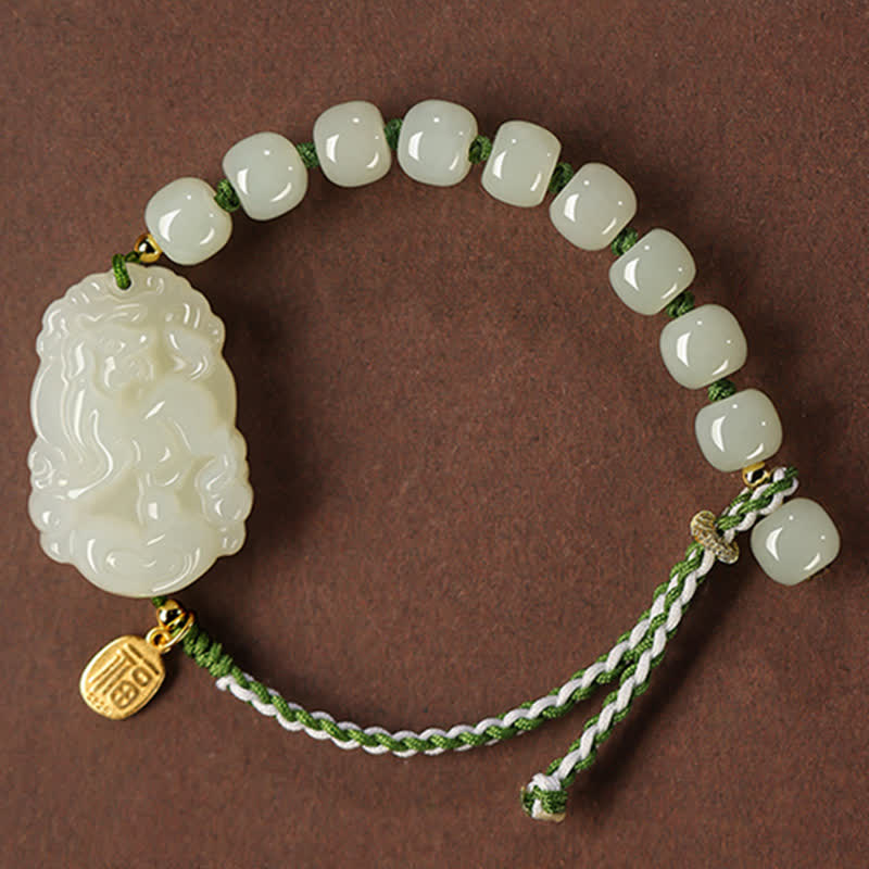 925 Sterling Silver Chinese Zodiac Hetian Jade Happiness Luck String Bracelet