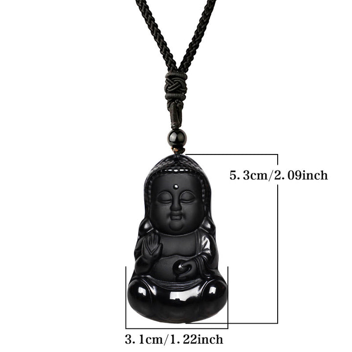 Buddha Stones Natural Black Obsidian Crystal Buddha Strength Protection Amulet Lucky Charm Pendant Necklace