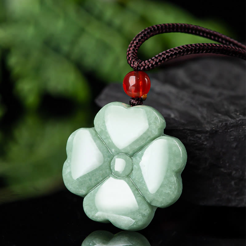 Buddha Stones Natural Lucky Four Leaf Clover Jade Prosperity Necklace Pendant