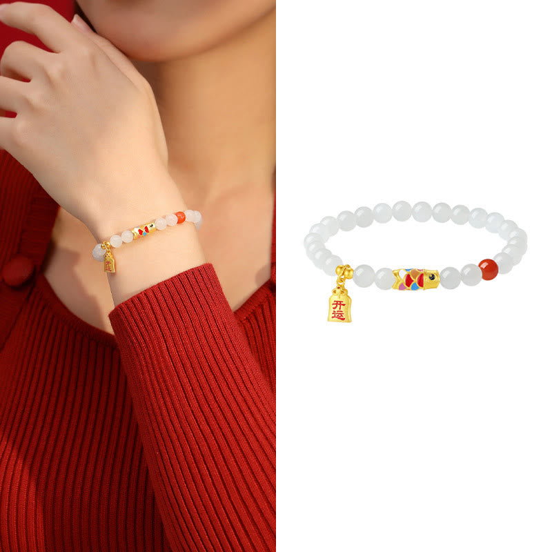 Buddha Stones 925 Sterling Silver Hetian White Jade Red Agate Koi Fish Luck Happiness Bracelet