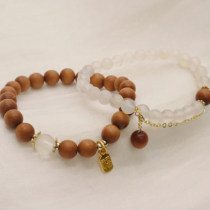 Buddha Stones Sandalwood Cat's Eye Fu Character Charm Protection Bracelet