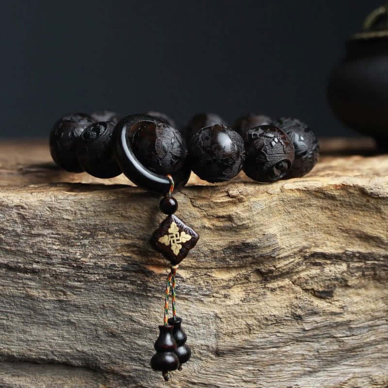 Buddha Stones Ebony Wood Chinese Character Yin Yang Engraved Gourd Balance Bracelet