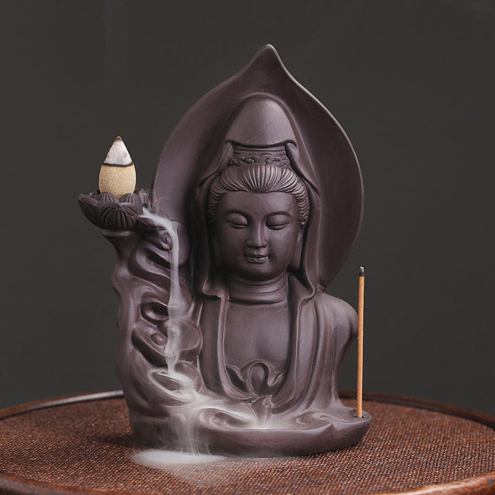 Tibetan Avalokitesvara Buddha Lotus Healing Backflow Smoke Fountain Incense Burner