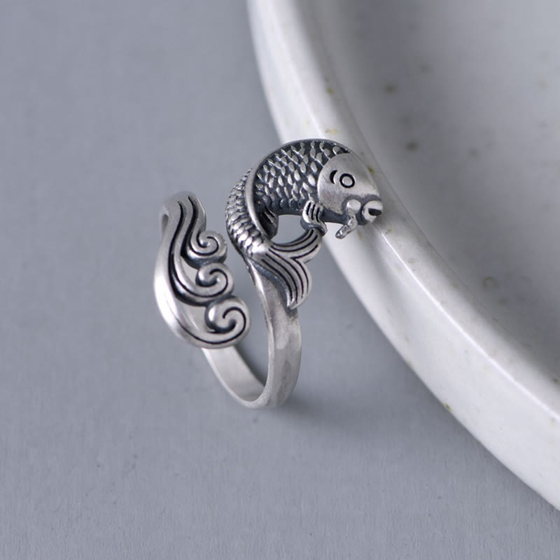 Buddha Stones 925 Sterling Silver Koi Fish Water Ripple Luck Wealth Ring