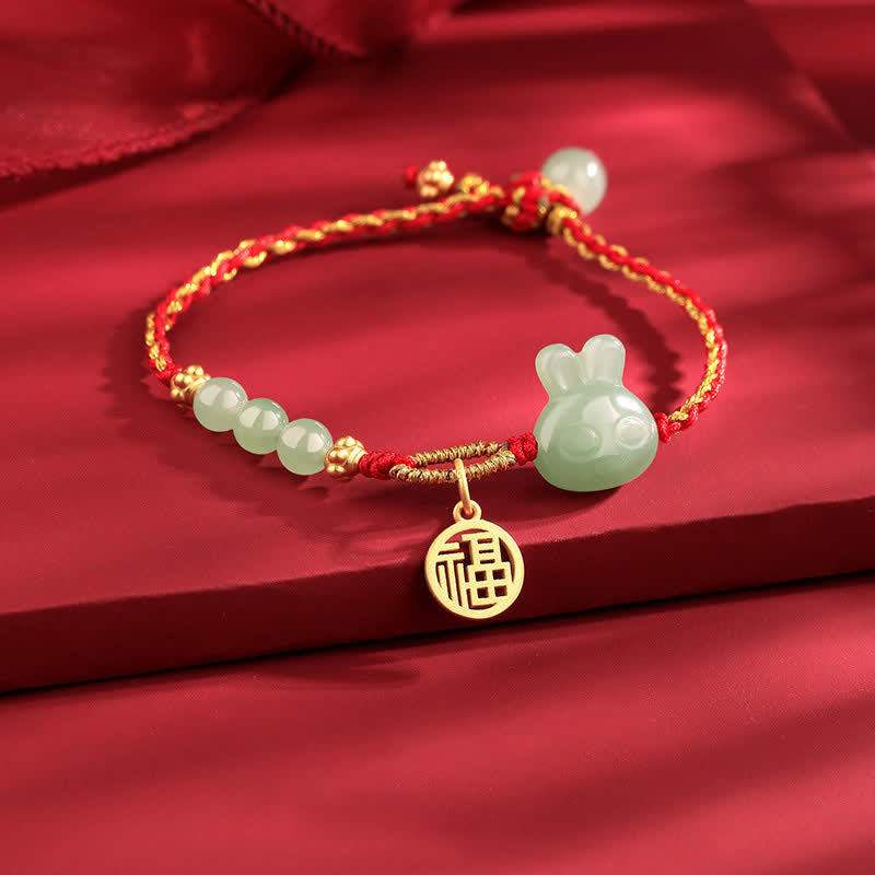 925 Sterling Silver Year of the Rabbit Hetian Jade Happiness Luck Red String Bracelet