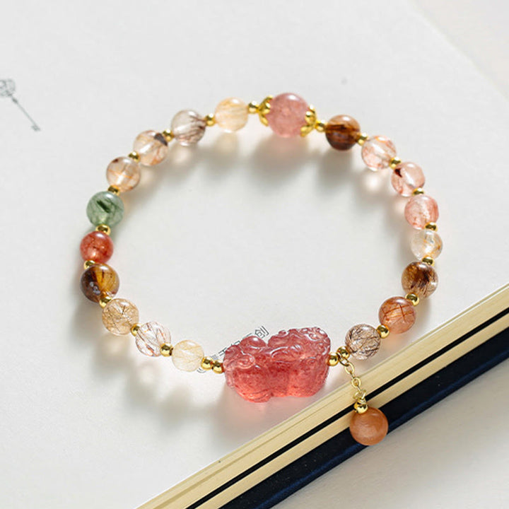 Buddha Stones Natural Rutilated Quartz Strawberry Quartz PiXiu Wealth Bracelet