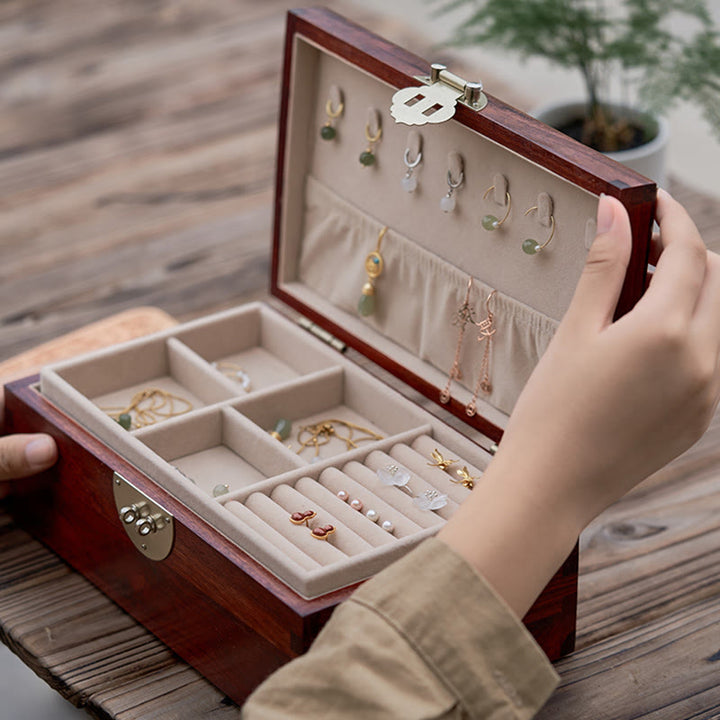 Antique Handmade Red Sandalwood Rosewood Jewelry Storage Box Lockable Solid Wood Gift Organizer Box