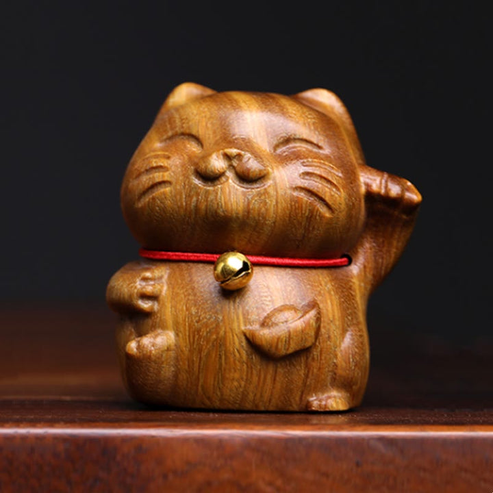Buddha Stones Green Sandalwood Small Mini Cute Lucky Cat Peace Decorations