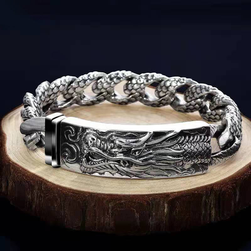 Buddha Stones Retro Dragon Scale Pattern Engraved Protection Bracelet