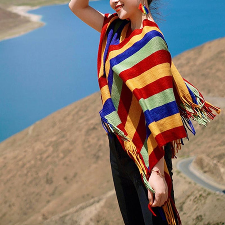 Buddha Stones Tibetan Colorful Striped Design Shawl Tassels Pullover Winter Cozy Travel Scarf Wrap