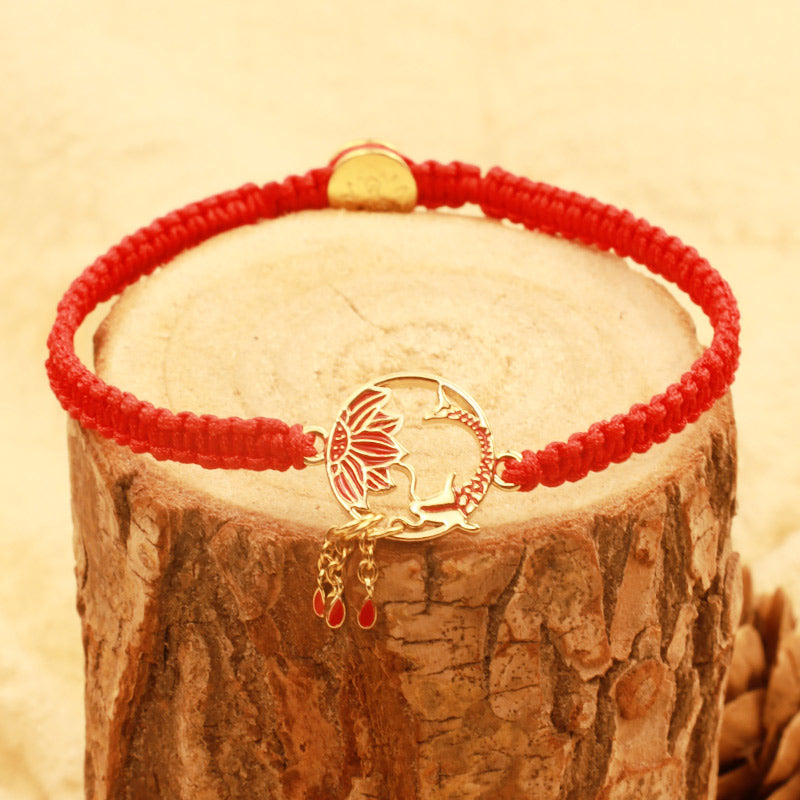 Buddha Stones Tibetan Handmade Lotus Koi Fish Lucky Red String Bracelet