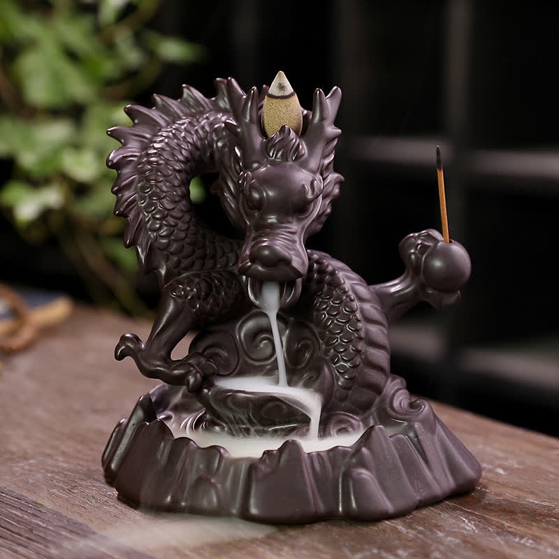 Auspicious Dragon Ceramic Backflow Smoke Fountain Meditation Healing Incense Burner Led Ball Decoration