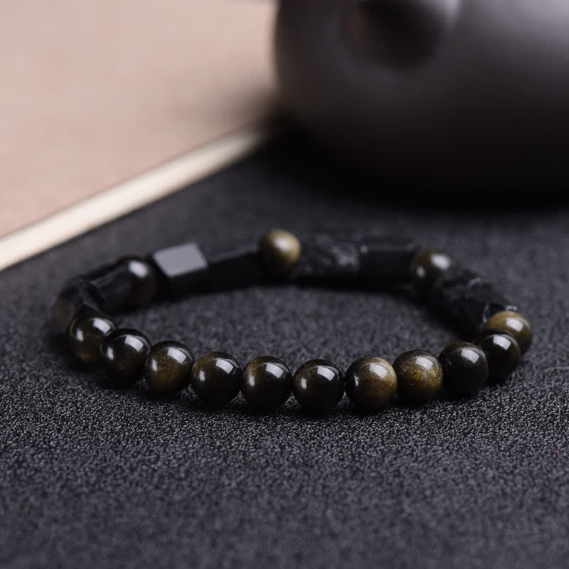 Buddha Stones  Gold Sheen Obsidian Black Tourmaline Wealth Bracelet