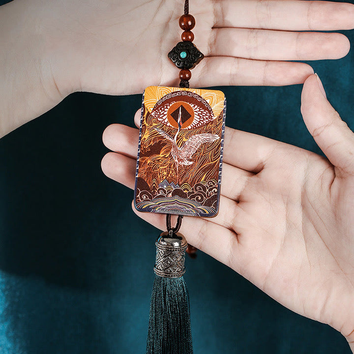 Buddha Stones Vintage Handmade Auspicious Crane Ebony Wood Balance Tassel Car Hanging Decoration