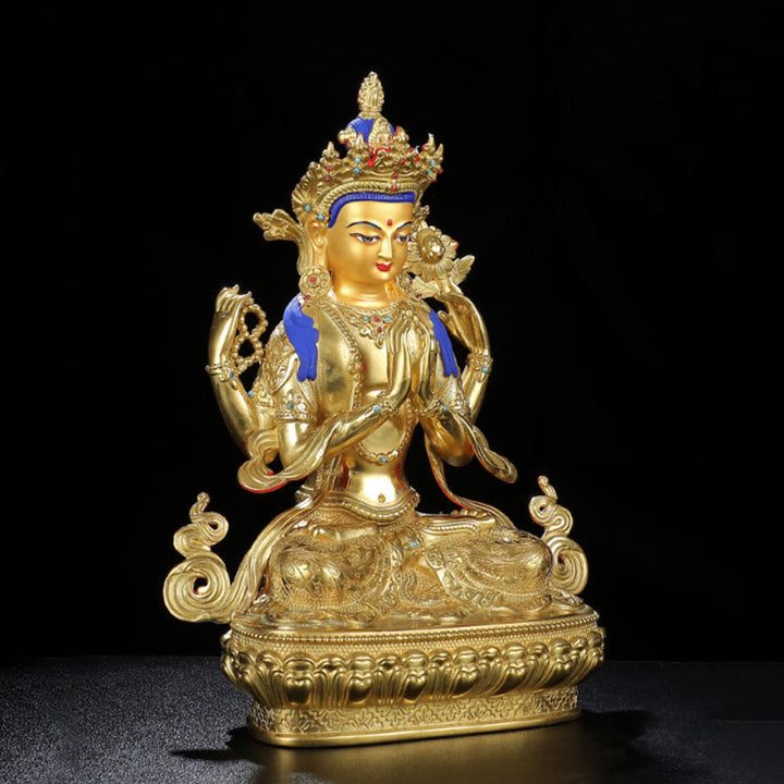 Chenrezig Four-armed Avalokitesvara Protection Copper Gold Plated Statue Decoration