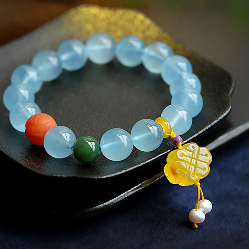 Natural Aquamarine Amber Chinese Knotting Charm Peace Bracelet