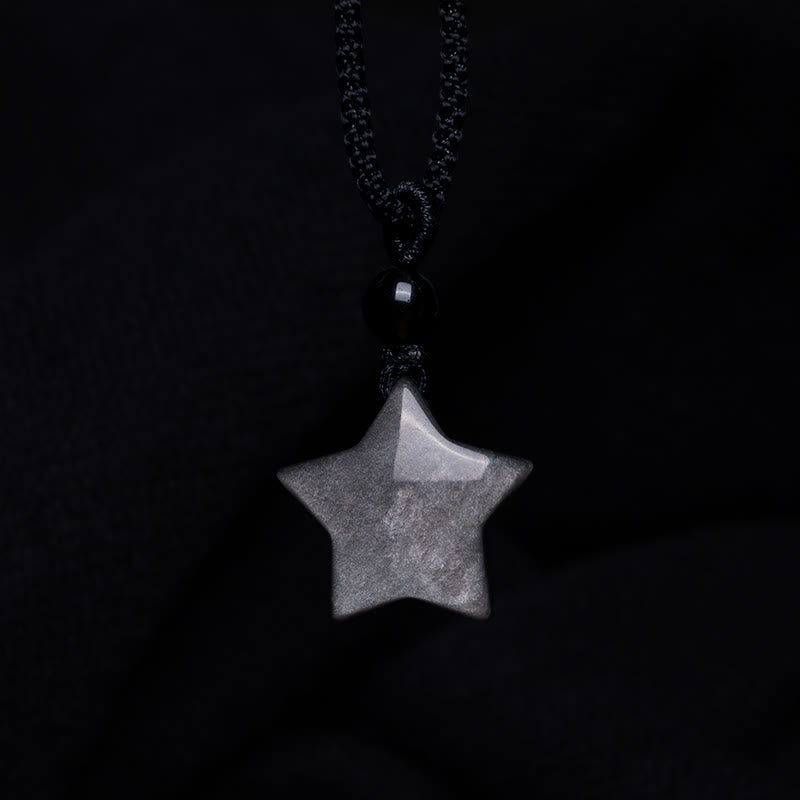 Buddha Stones Natural Silver Sheen Obsidian Star Crescent Moon Protection Necklace Pendant