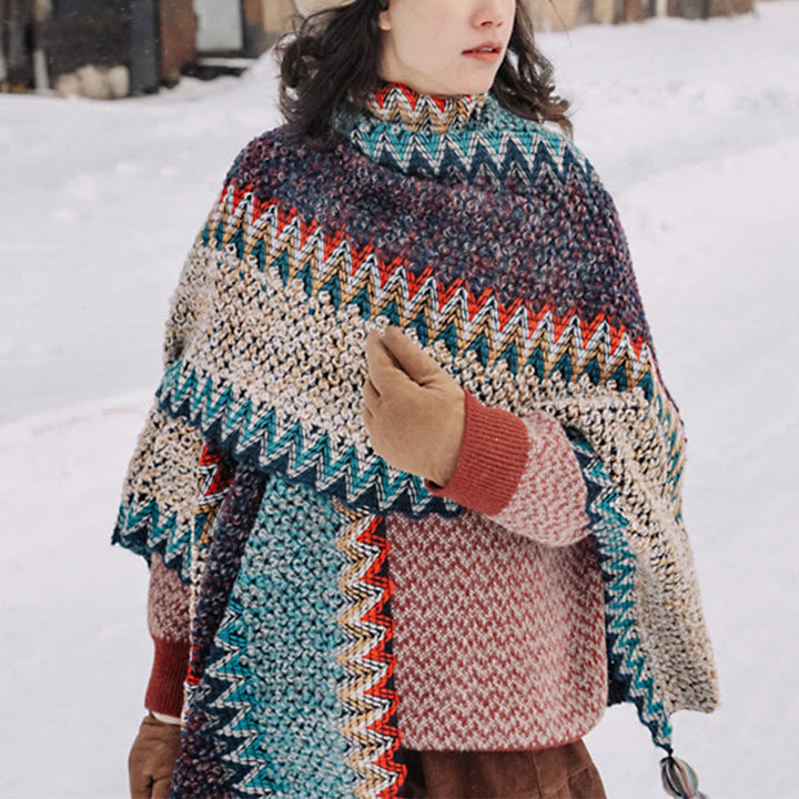 Tibetan Shawl Blue Beige Red Wavy Pattern Winter Warm Tassel Scarf