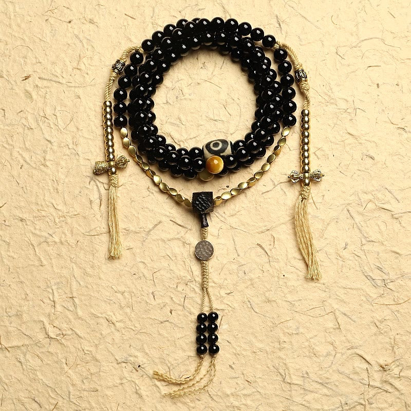 Tibetan 108 Mala Beads Black Onyx Three-eyed Dzi Beads Protection Bracelet