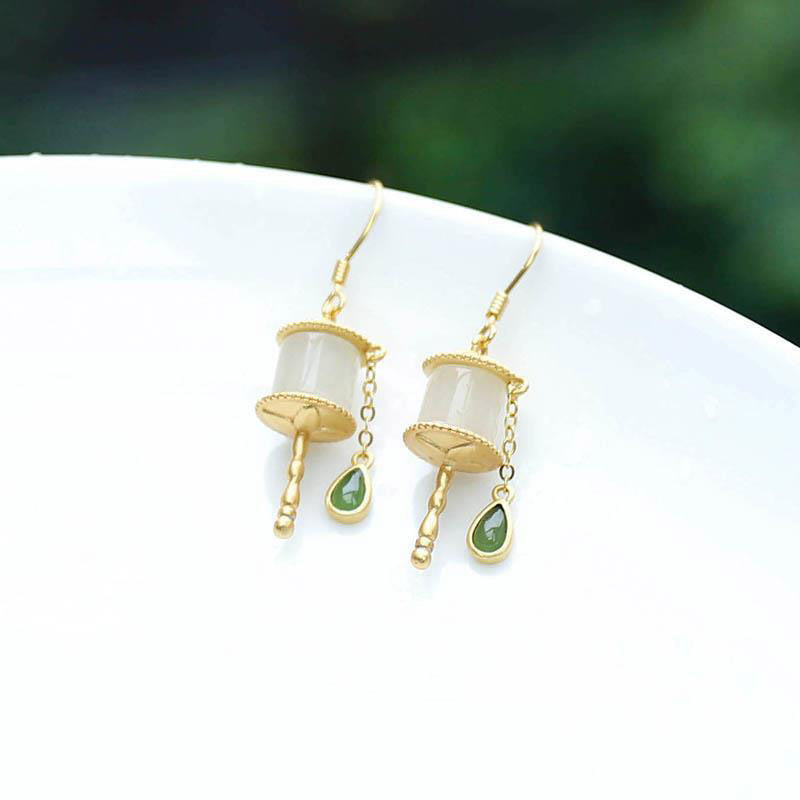 Buddha Stones 925 Sterling Silver Jade Prayer Wheel Luck Drop Earrings