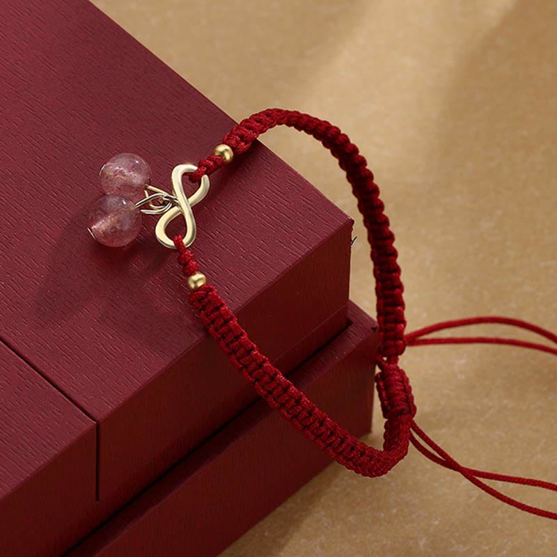 Buddha Stones Strawberry Quartz Crystal Endless Knot Love Healing Red String Weave Bracelet