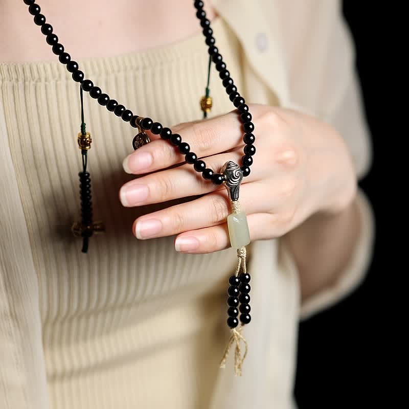 Tibetan Black Onyx Hetian Jade 108 Mala Beads Fortune Bracelet