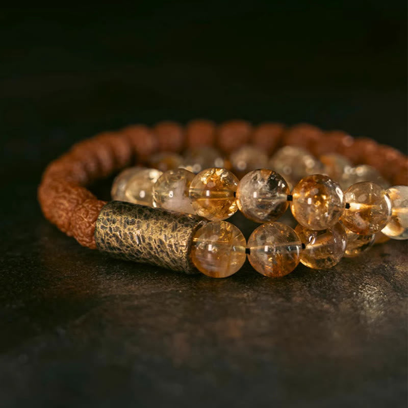 Buddha Stones Natural Citrine Crystal Rudraksha Bodhi Seed Brass Bead Prosperity Double Wrap Bracelet